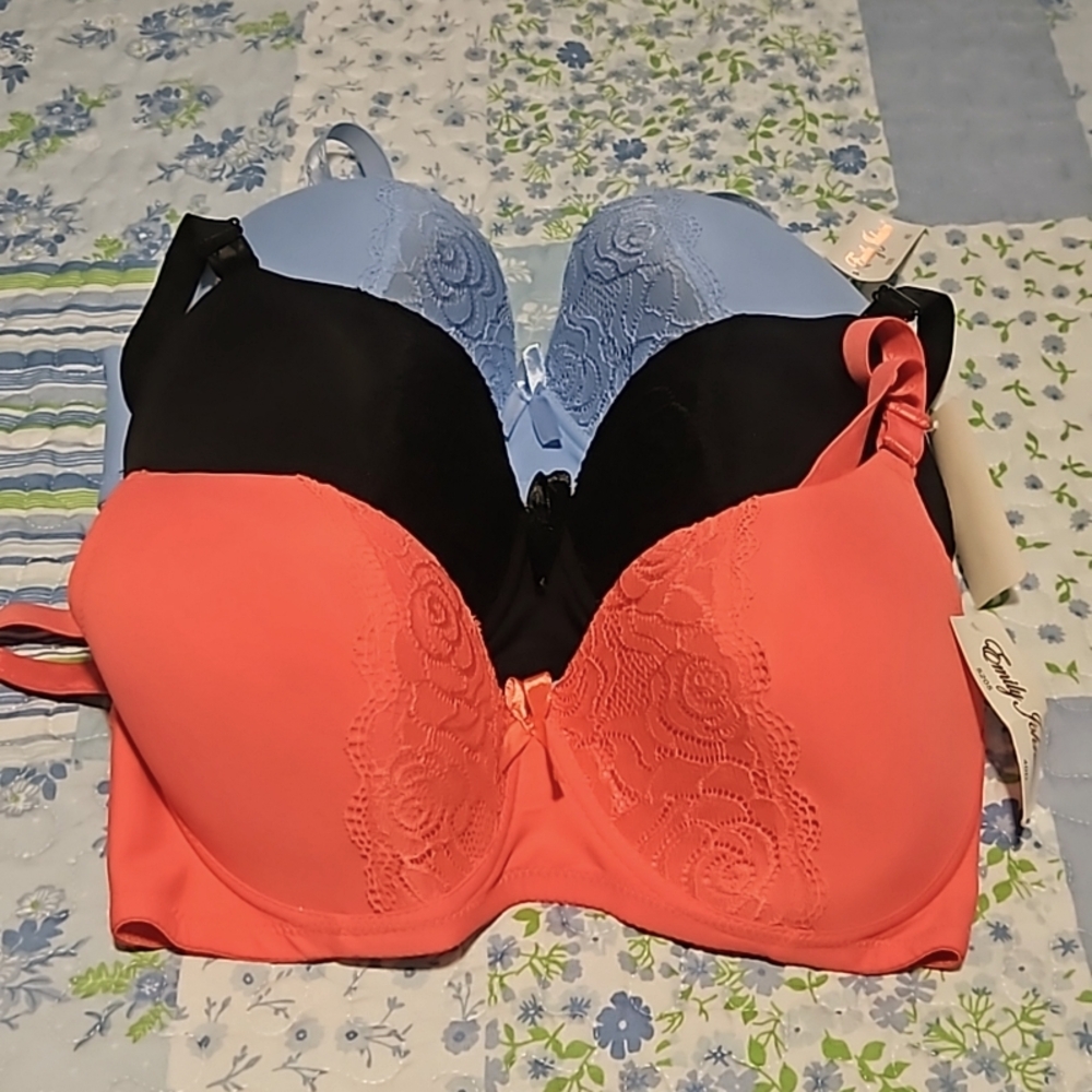 3-Pack Lace-Accent T-Shirt Bras - Coral, Black & Light Blue